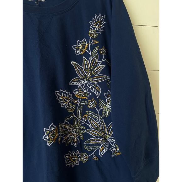 Woman Within Plus Size Navy sweatshirt with tan floral embroidering 3XL - Picture 2 of 6